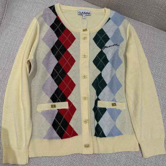 🦄🦄Ganni Women's Multicolor Argyle Cream Cardigan - Picture 1 of 7